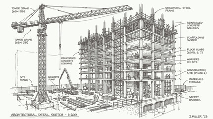 Fototapeta premium Detailed architectural isometric sketch illustrating a multi-story building construction site with a tower crane, illustrating urban development progress and covering structural engineering processes