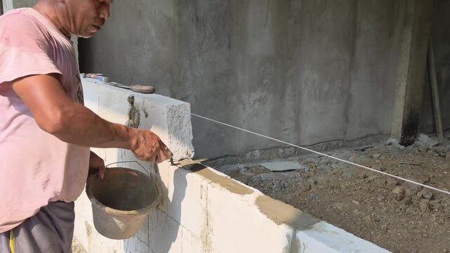 close-up footage of a construction worker's hands applying liquid cement mortar and precisely placing a hebel (AAC) block on top of an existing wall