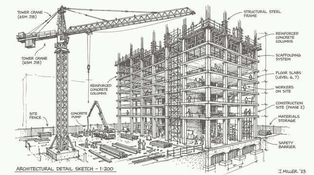 Detailed architectural isometric sketch illustrating a multi-story building construction site with a tower crane, illustrating urban development progress and covering structural engineering processes