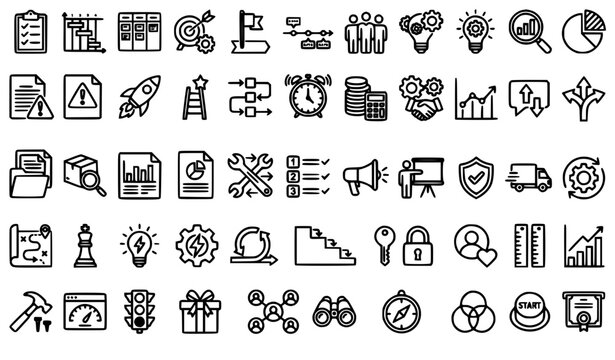 A clean minimal vector illustration set of increase and decrease line icons displayed in a balanced grid on a solid white background. The collection includes profit charts, financial graphs, upward ar