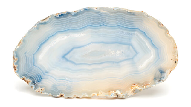 Cross-section of a polished agate slice displaying concentric banding in soft pastel blues and creams,