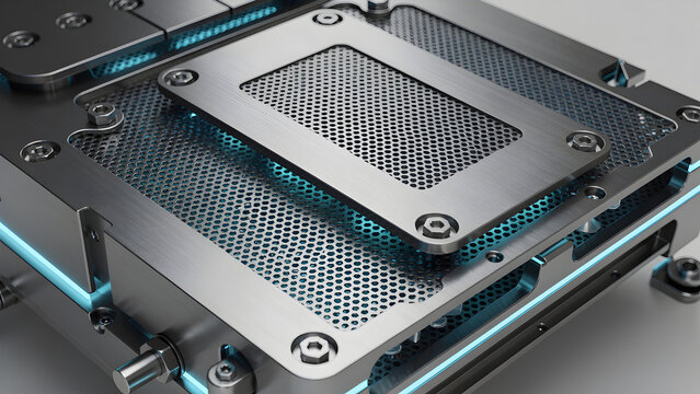 Close-up of a hydrogen fuel cell component with brushed metal plates and intricate perforations, no blurred areas, industrial precision