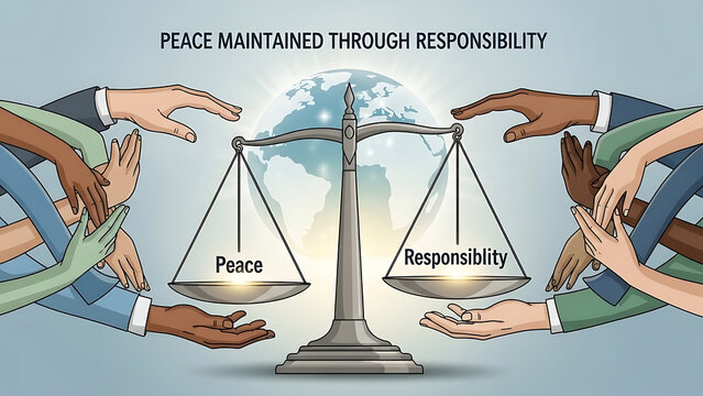 Illustration showing balance scale with peace and responsibility text supported by diverse hands