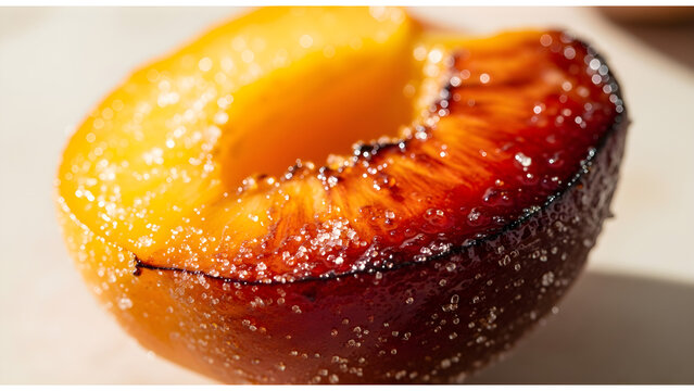 Macro Dutch-tilt close-up of a halved red plum or stone fruit with granulated sugar crystals caramelizing on the flesh surface, showing detailed textures and bokeh in bright light.