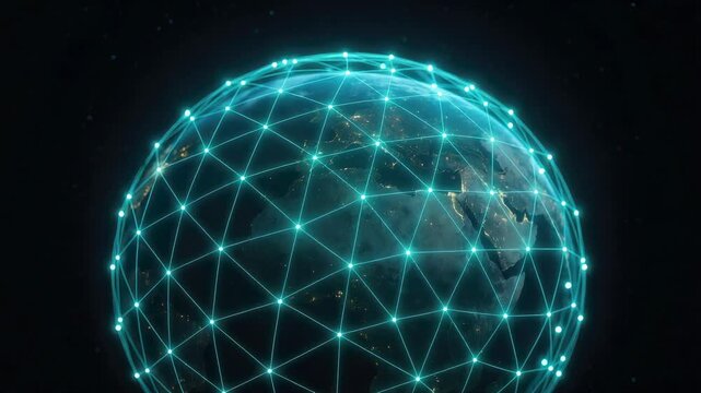 Luminous globe with turquoise interconnected network lines spanning continents in space