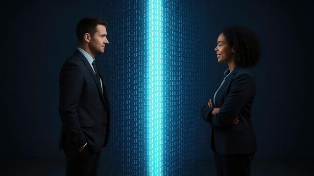 Two professionals in dark blue suits face each other before glowing binary wall, symbolizing data exchange