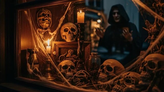 Spooky Halloween Window Display with Human Skulls and Candles and a Mysterious Hooded Figure in the Background for Horror Themed Party Decoration and Concept Art