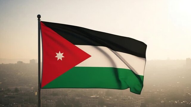 Jordanian flag waving in the wind against a hazy urban skyline background, representing national pride, Middle Eastern sovereignty, patriotism, and diplomatic concepts