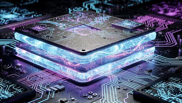 Microchip on a circuit board closeup.