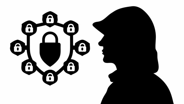 Black silhouette of hacker figure facing shield with multiple locks