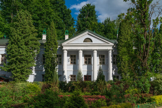 The Brotherhood Building of the Holy Dormition Pskovo-Pechersky Monastery on a sunny summer day, Pechory, Pskov region, Russia