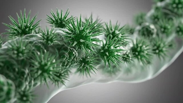 Closeup of green virus cells on a gray background, representing microscopic view of infectious agents