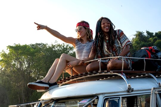 Joyful friends on adventure trip.