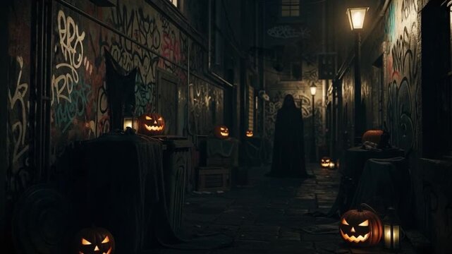 Spooky Halloween Alleyway with Glowing Jack o Lanterns and Mysterious Cloaked Figure at Night for Horror Concept Background