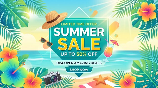 Hello Summer Limited Time Offer Sale Up To 50% Off Discover Amazing Deals Tropical Vibes