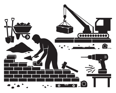 Construction site silhouette icons, bricklayer building wall with masonry tools, heavy machinery and industrial equipment vector set for building projects