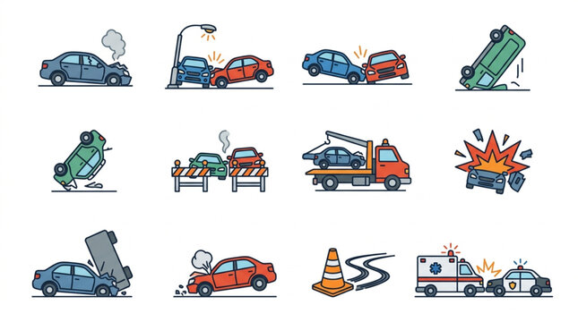 Collection of Car Accident Illustrations and Icons.