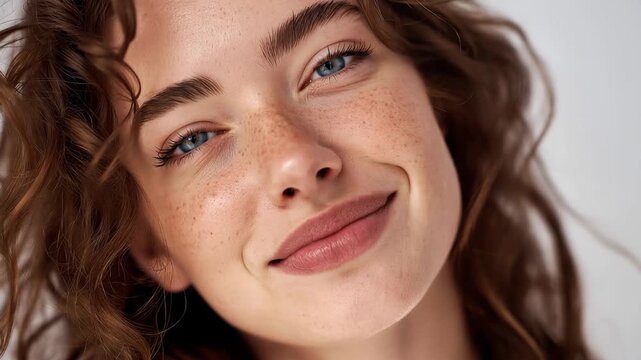 Close up of happy smiling Caucasian woman with curly hair enjoying a moment of joy and connection indoors during daylight