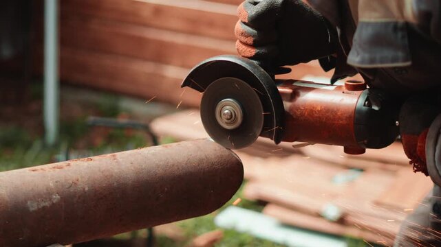 Detailed closeup of homeowner using grinder for cutting rusty pipeline outdoors. Bright sparks and industrial textures emphasize practical craftsmanship, maintenance skills and countryside living.