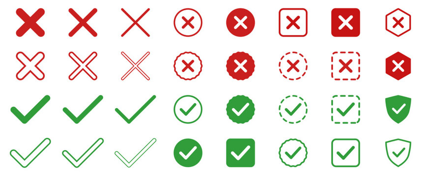 Check mark and cross symbol collection for approval, rejection, validation, success, error, verification, cancel, and confirmation interface design.