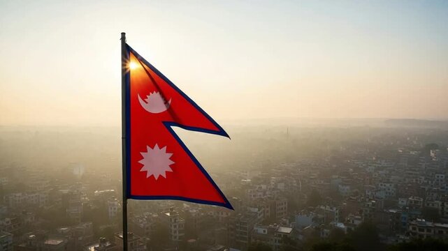 National flag of Nepal waving over a hazy urban cityscape at sunrise, representing patriotism, national pride, Asian culture, and travel destination concepts