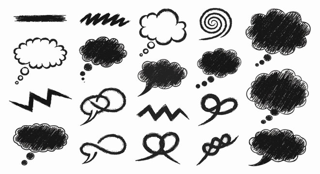 Hand-drawn white chalk style thought bubble vector illustration isolated on a dark blackboard background, featuring textured edges and sketch strokes for creative conceptual design.