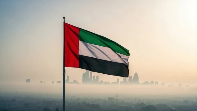 United Arab Emirates flag waving against a misty city skyline at sunrise, representing national pride, patriotism, Middle Eastern development, and economic growth