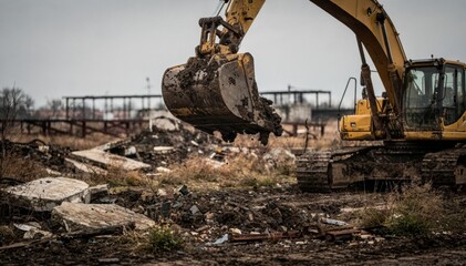 Fototapeta premium Focused shot of excavator working on a brownfield site lifting toxic earth with blurred remnants of industrial debris behind.