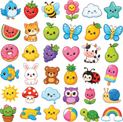 Fototapeta premium Kids Doodle Sticker Set with Cute Animals and Happy vector icons pack isolated on white background 