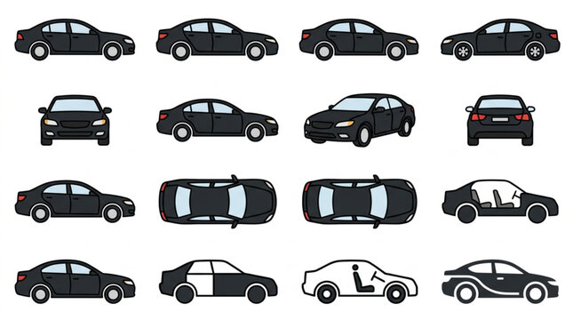 Collection of Black Sedan Cars in Various Views.