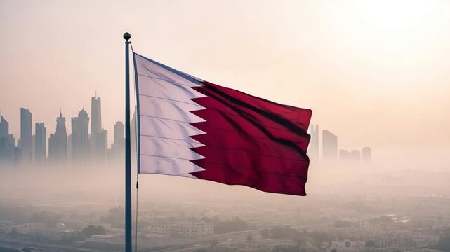 Qatar flag waving against a modern city skyline in the morning mist, representing national pride, Middle Eastern development, economic growth, and international diplomacy