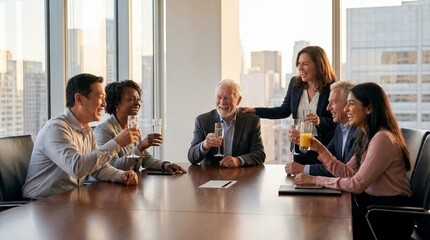 Fototapeta premium Smiling Diverse Business Team Celebrating Success with a Toast in a Modern Corporate Office