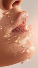 Fototapeta premium profile of water droplets on tanned skin of woman face with lens flare