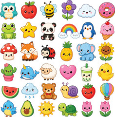 Obraz premium Kids Doodle Sticker Set with Cute Animals and Happy vector icons pack isolated on white background 