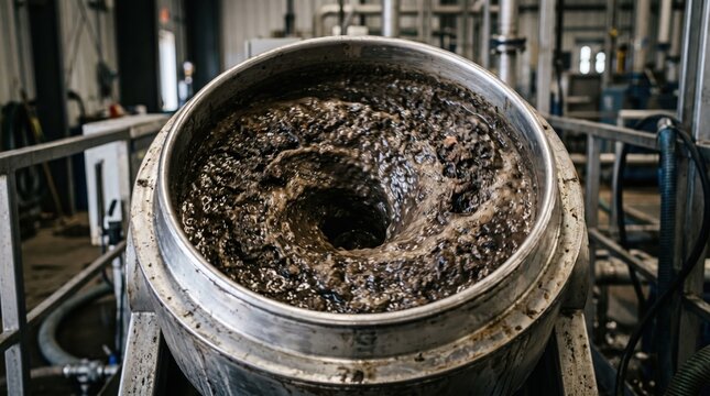 Closeup medium shot of centrifuge spinning wastewater sludge highlighting texture and motion with softened surroundings.
