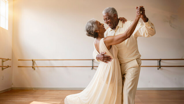 Elegant senior Black African American couple ballroom dancing together in sunlit dance studio with wooden floor, authentic diverse mature lifestyle, editorial photography with copy space