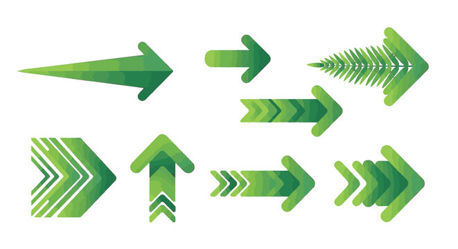 Set of modern vibrant gradient arrows in various shapes and directions for user interface design, navigation icons, and infographic elements isolated on white background.
