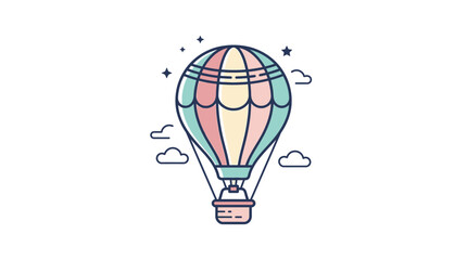 Colorful hot air balloon graphic against a white background with clouds and stars © vektor
