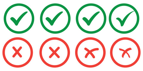 Check tick mark icon set. Cross box x check mark checkbox v list vector draw hand drawn sketch doodle brush marker checklist symbol wrong right circle. Vector Illustration © HIKE  Studio  1
