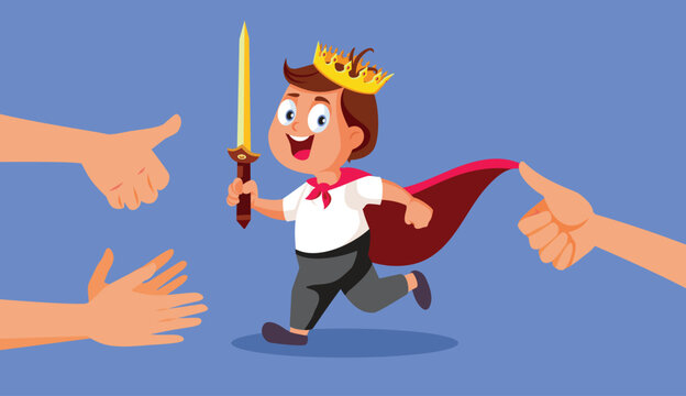 Family Appreciating Naughty Boy Running with a Toy Sward. Spoiled little kid wearing a crown runs with a sword while family applauds