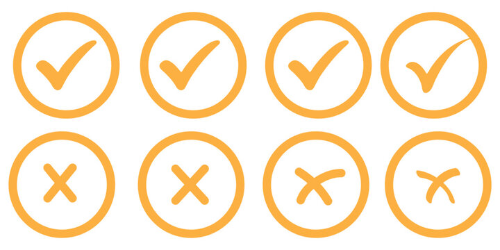Check tick mark icon set. Cross box x check mark checkbox v list vector draw hand drawn sketch doodle brush marker checklist symbol wrong right circle. Vector Illustration
