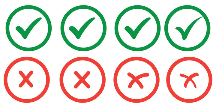 Check tick mark icon set. Cross box x check mark checkbox v list vector draw hand drawn sketch doodle brush marker checklist symbol wrong right circle. Vector Illustration