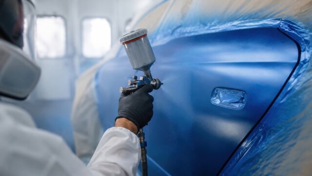 Professional auto painter spraying blue car door in a masked paint booth. Car refinish specialist applying primer and color coat during vehicle repair in an automotive workshop