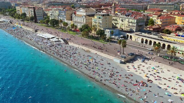 Aerial view of promenade des anglais coastline and mediterranean sea in nice france during summer.