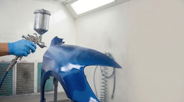 Professional auto painter spraying blue car bumper in a clean paint booth. Automotive repair specialist applying fresh coating to vehicle body panel in a workshop.