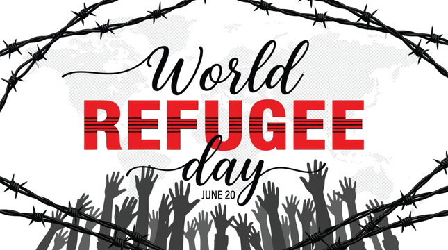 World refugee day poster featuring hands reaching up and sharp barbed wire