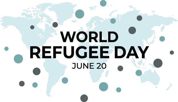 World refugee day banner featuring a stylized world map with circular shapes and bold black text