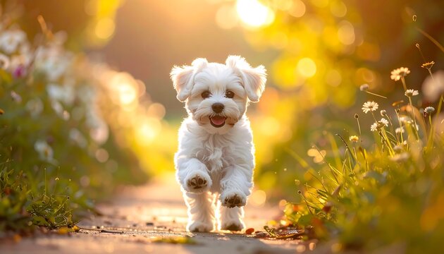 Fluffy white puppy running through sunlit garden path