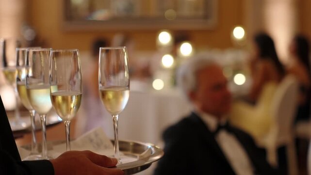 Champagne Flutes on a Tray Served by Waiter at Elegant Wedding Reception Toast