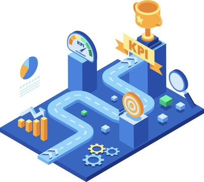Isometric Business KPI Achievement Roadmap with Performance Metrics